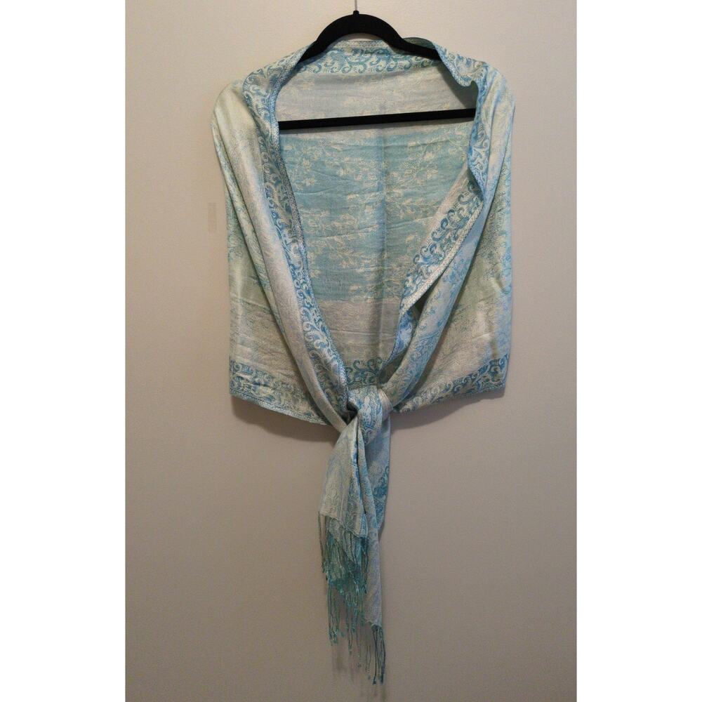 The Pashm Teal Paisley 100% Silk Scarf Fringe 21x36 Handcrafted Luxury Wrap